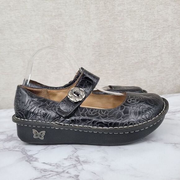 Alegria Shoes - Alegria Paloma Black Rose Embossed Mary Jane Shoes Leather Women's Euro Size 39